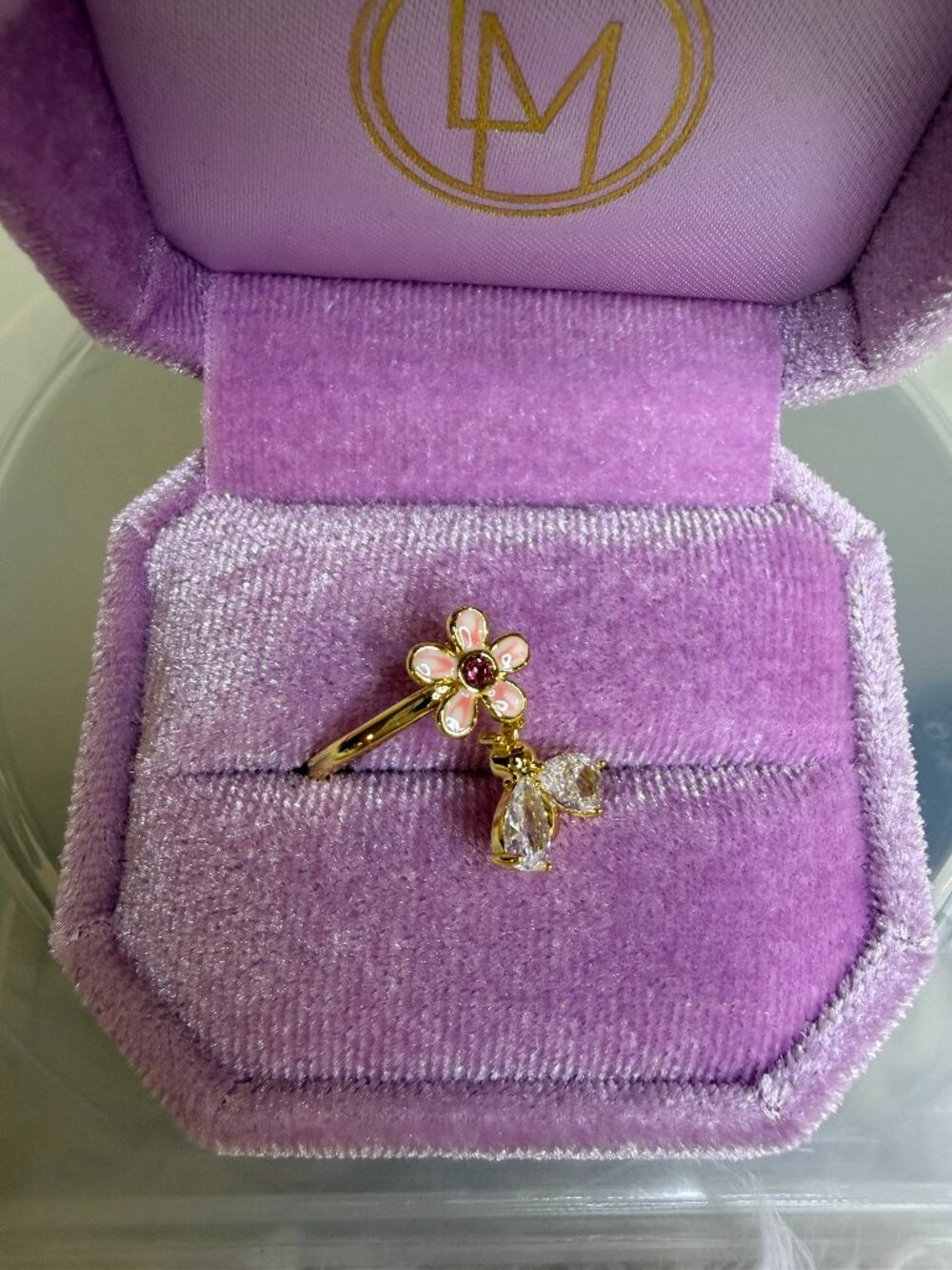 Pink Daisy Flower Bee Crystal Gold Tone Ring Adjustable